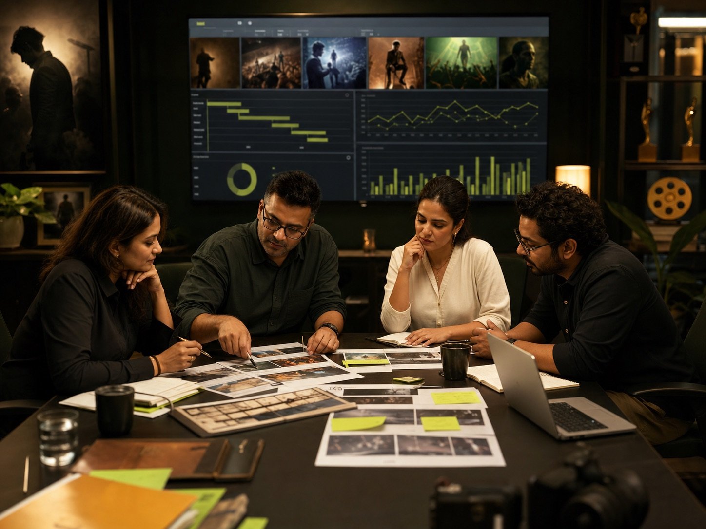 Indian entertainment publicists and campaign strategists reviewing a film release timeline, media coverage and creative assets