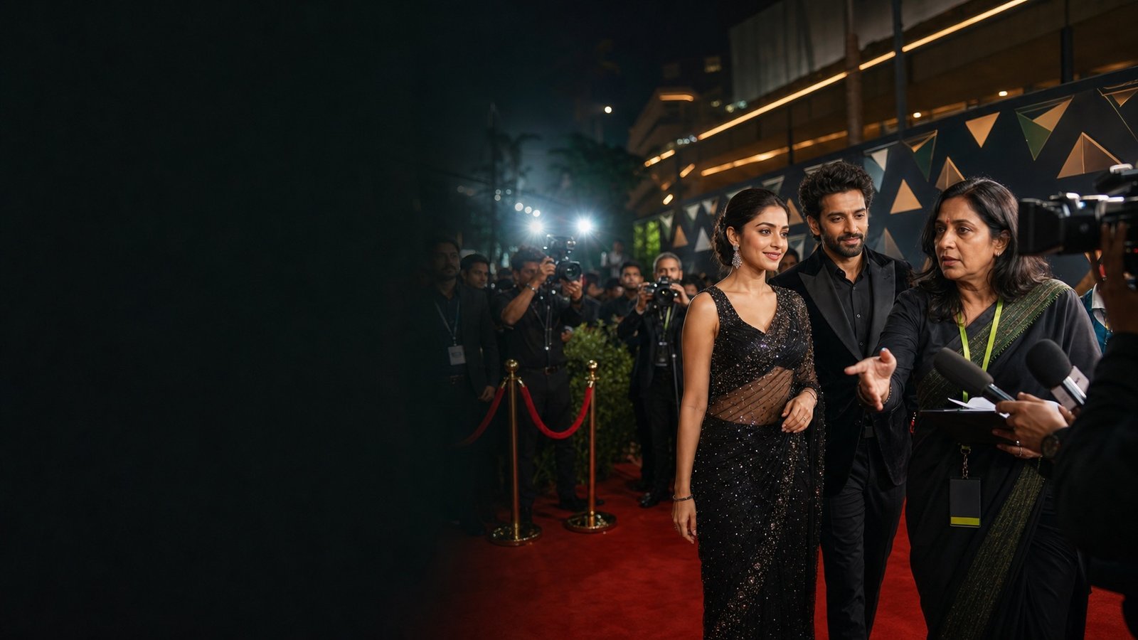 Indian film cast and senior publicist coordinating media interviews at a premium cinema premiere
