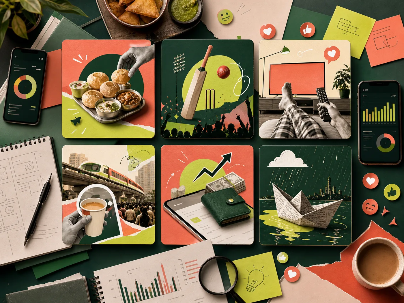 A grid of trend-led meme campaign concepts for Indian audiences