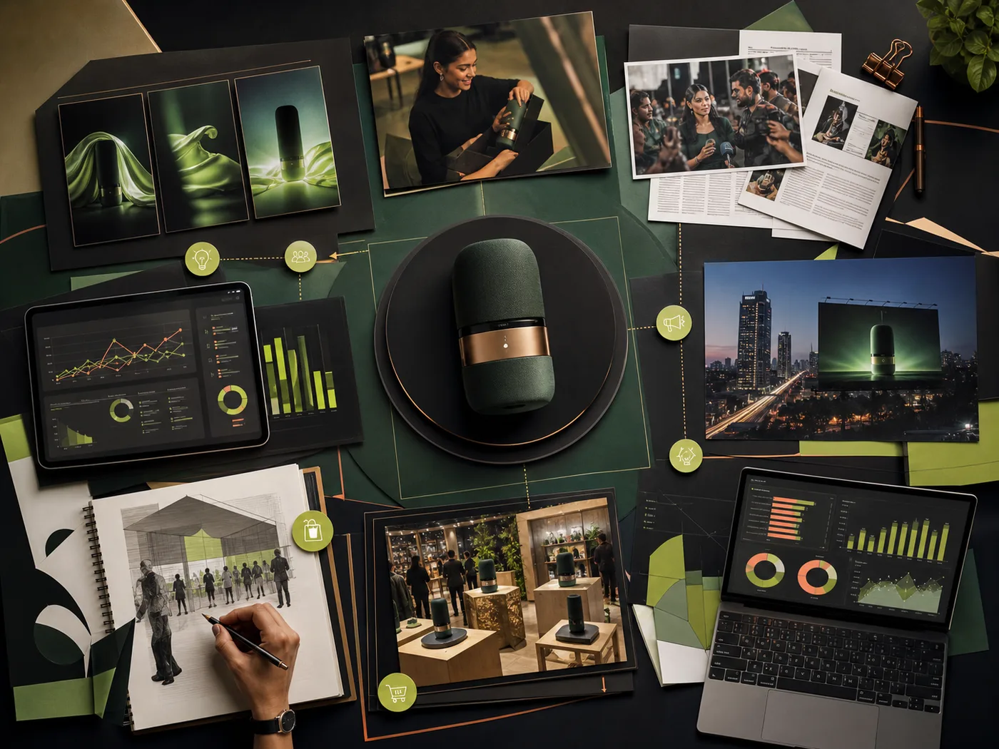 An integrated product launch campaign system spanning creators, press, outdoor, retail and performance reporting