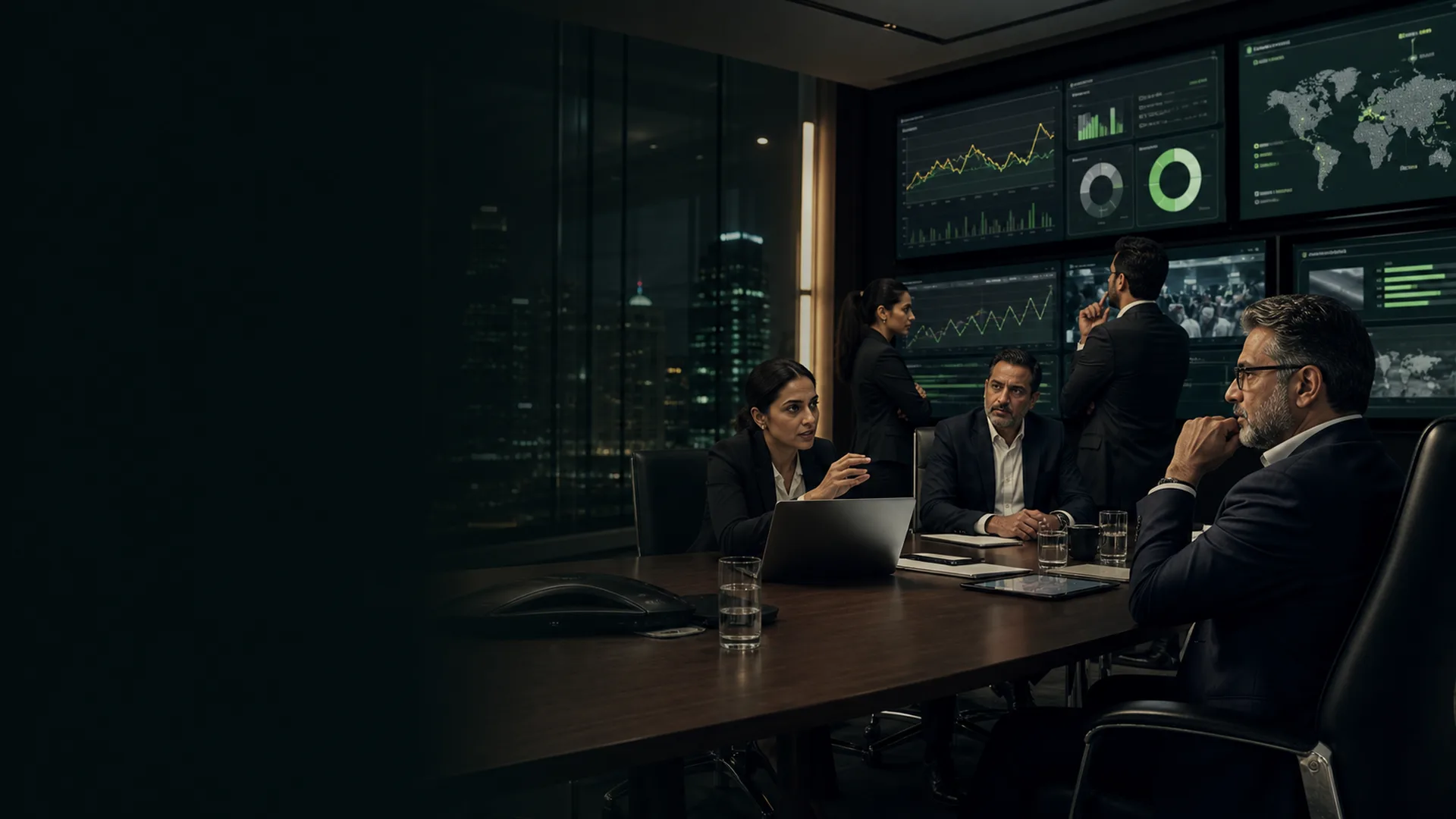 Senior Indian reputation advisers coordinating an executive crisis response from a secure command centre