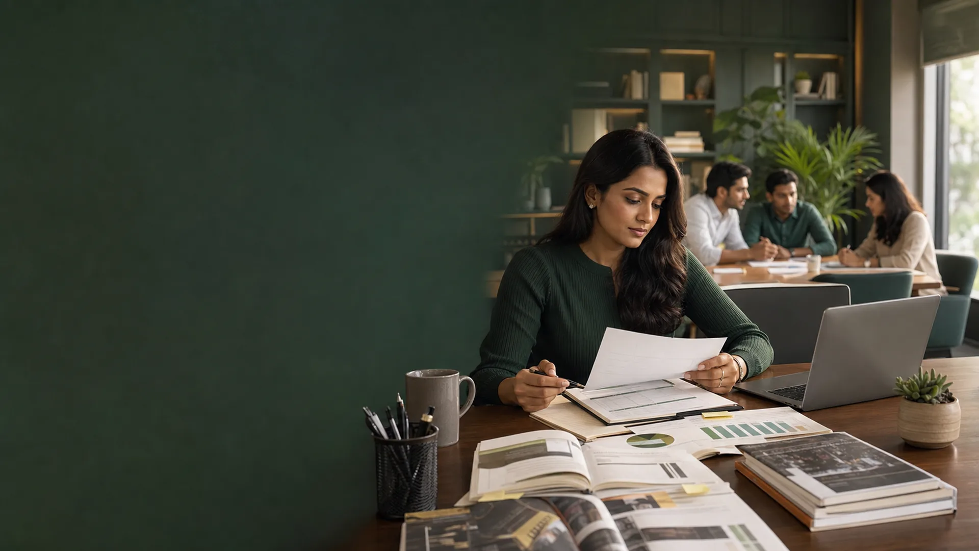 Indian marketing manager using media guides and campaign planning resources